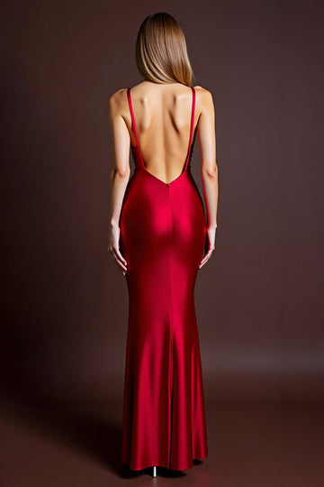 Red Spaghetti Straps Sheath Long Formal Dress with Slit